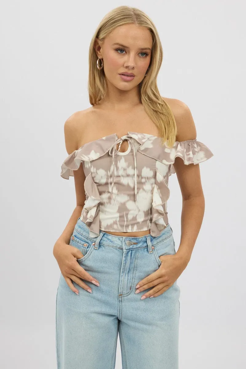 Beige Abstract Frilled Top Sleeveless Off Shoulder Chiffon