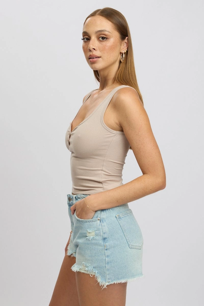 Beige Rib Tank Button Front