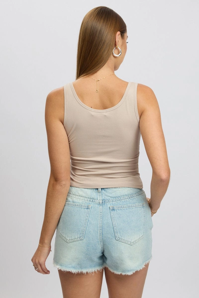 Beige Rib Tank Button Front