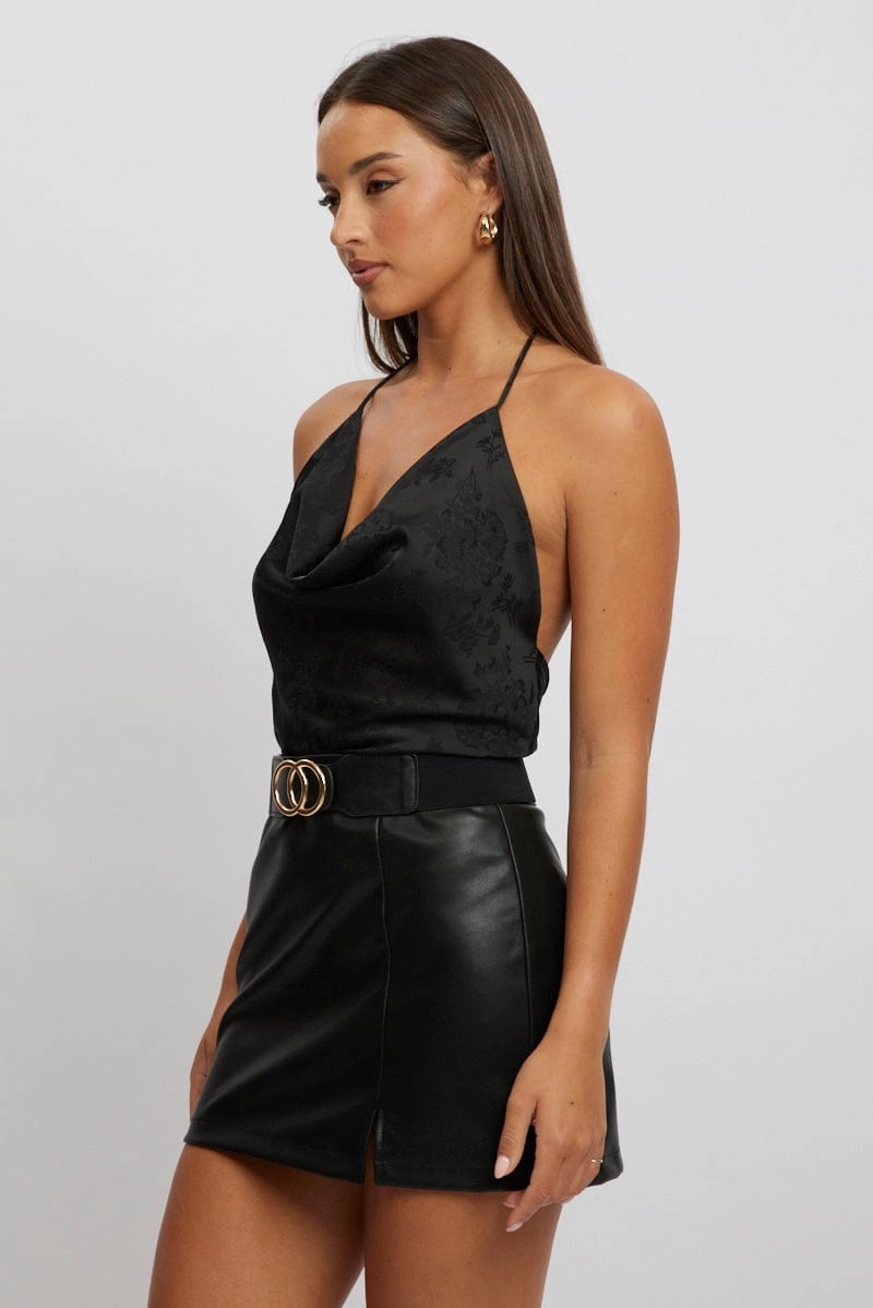 Black Cami Top Sleeveless Cowl Neck Satin Jacquard