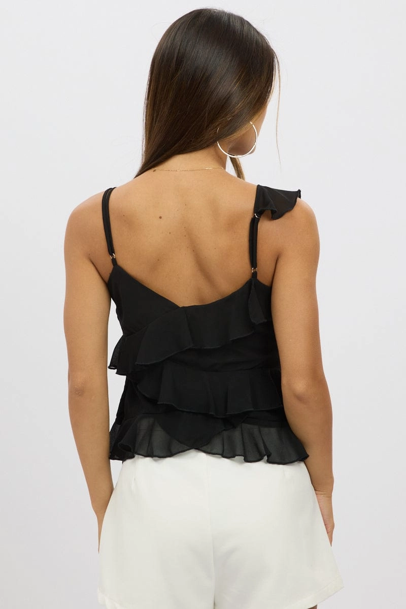 Black Cami Top Sleeveless Crossover Ruffled Details