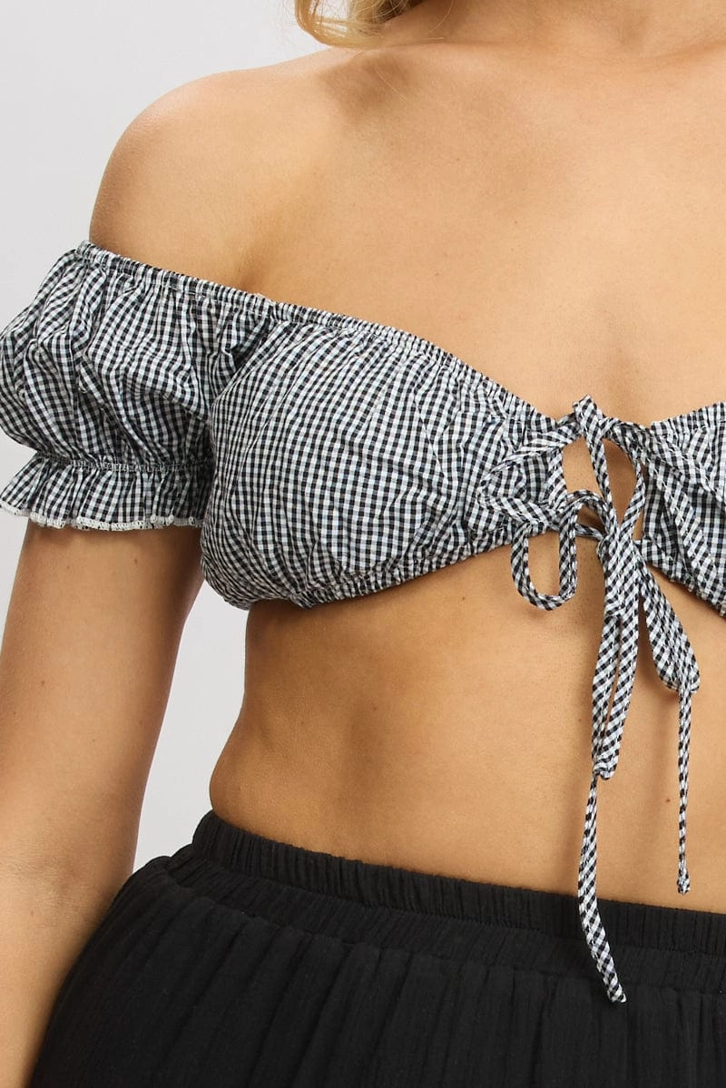 Black Check Crop Top Short Sleeve Tie Front