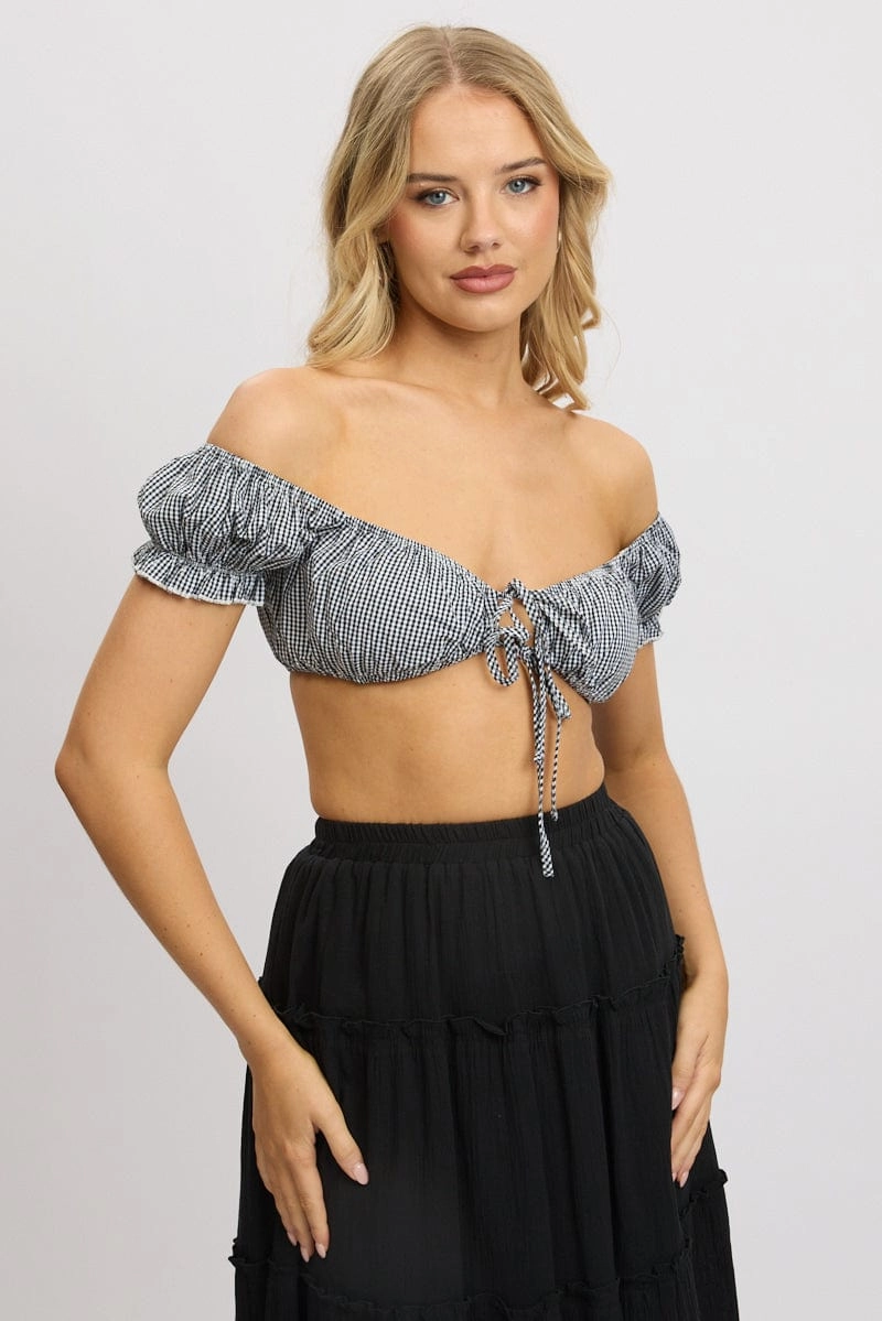 Black Check Crop Top Short Sleeve Tie Front