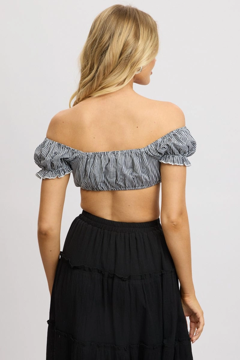 Black Check Crop Top Short Sleeve Tie Front