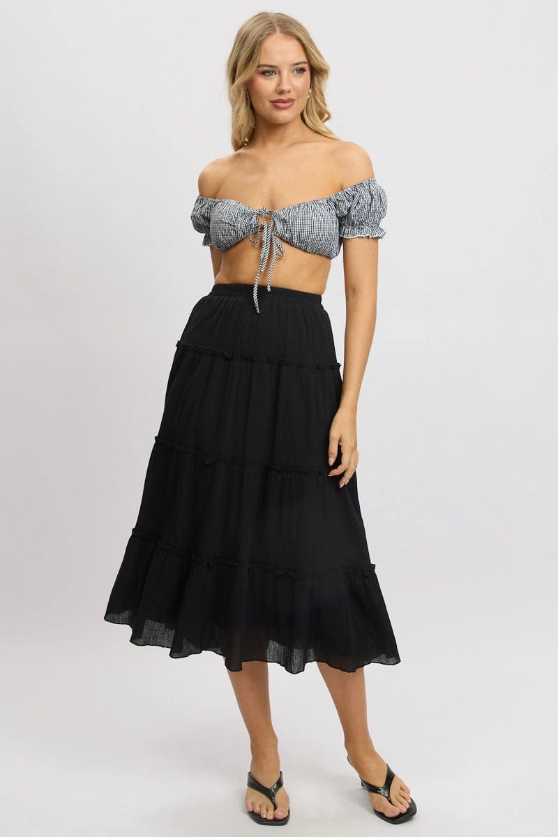 Black Check Crop Top Short Sleeve Tie Front