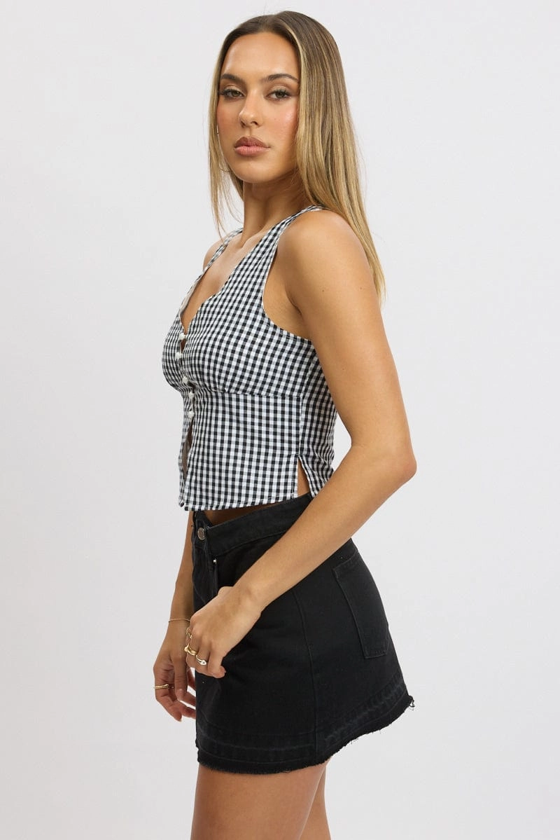 Black Check Sleeveless Top Open Front