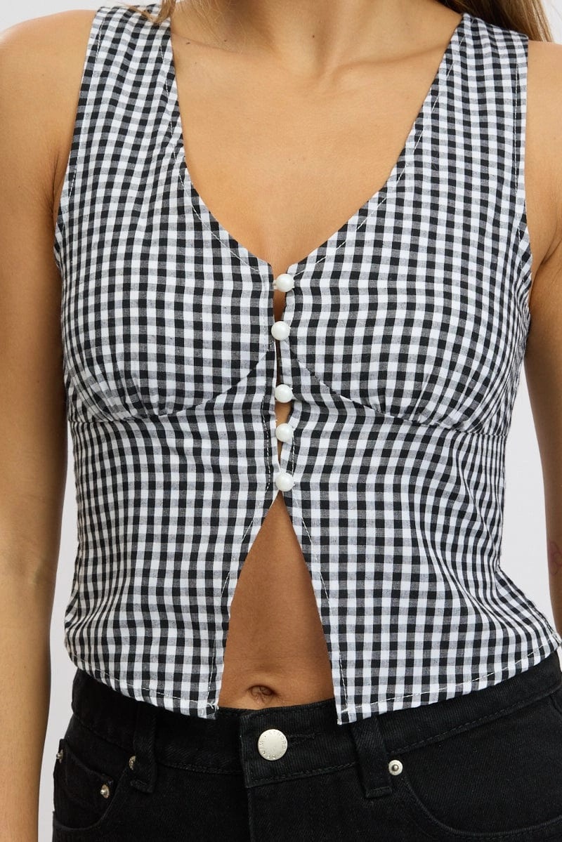Black Check Sleeveless Top Open Front