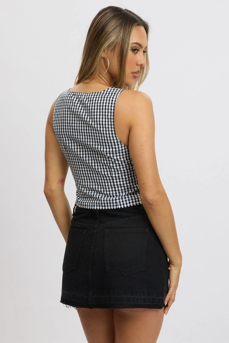 Black Check Sleeveless Top Open Front