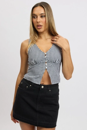 Black Check Sleeveless Top Open Front