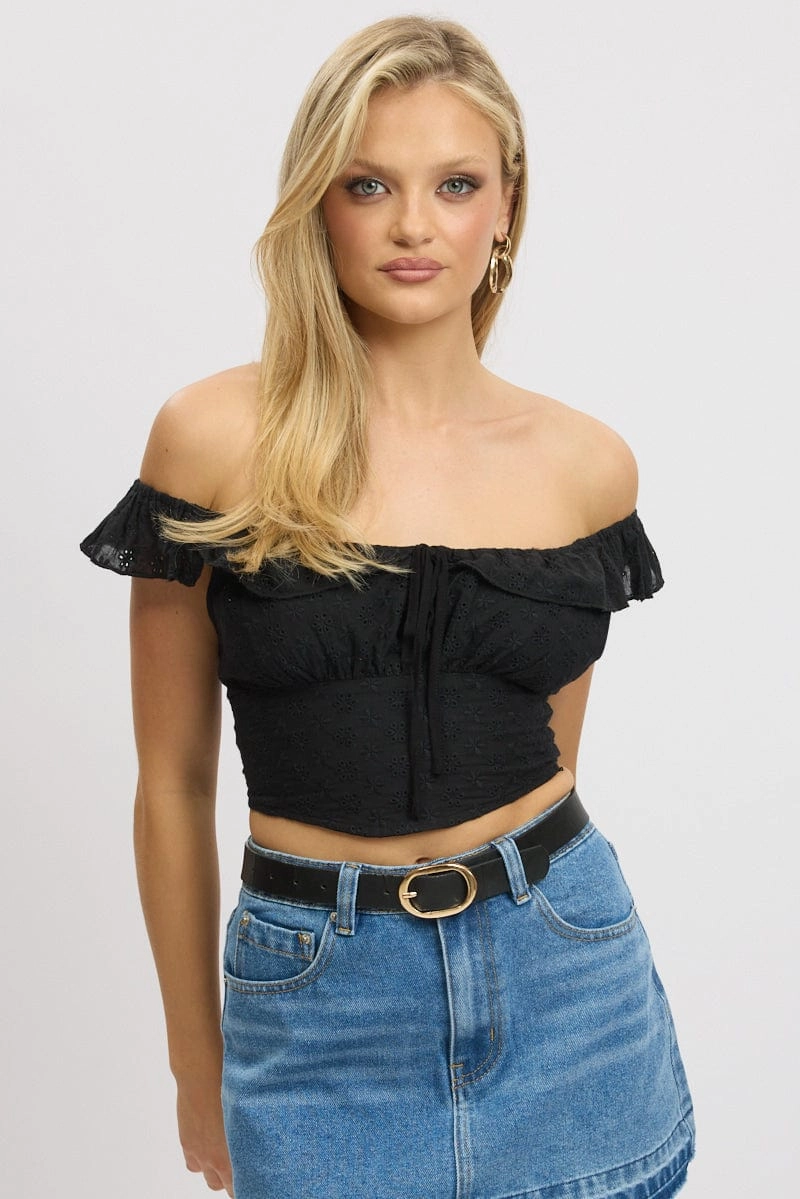 Black Crop Top Ruffle Off Shoulder Linen Blend