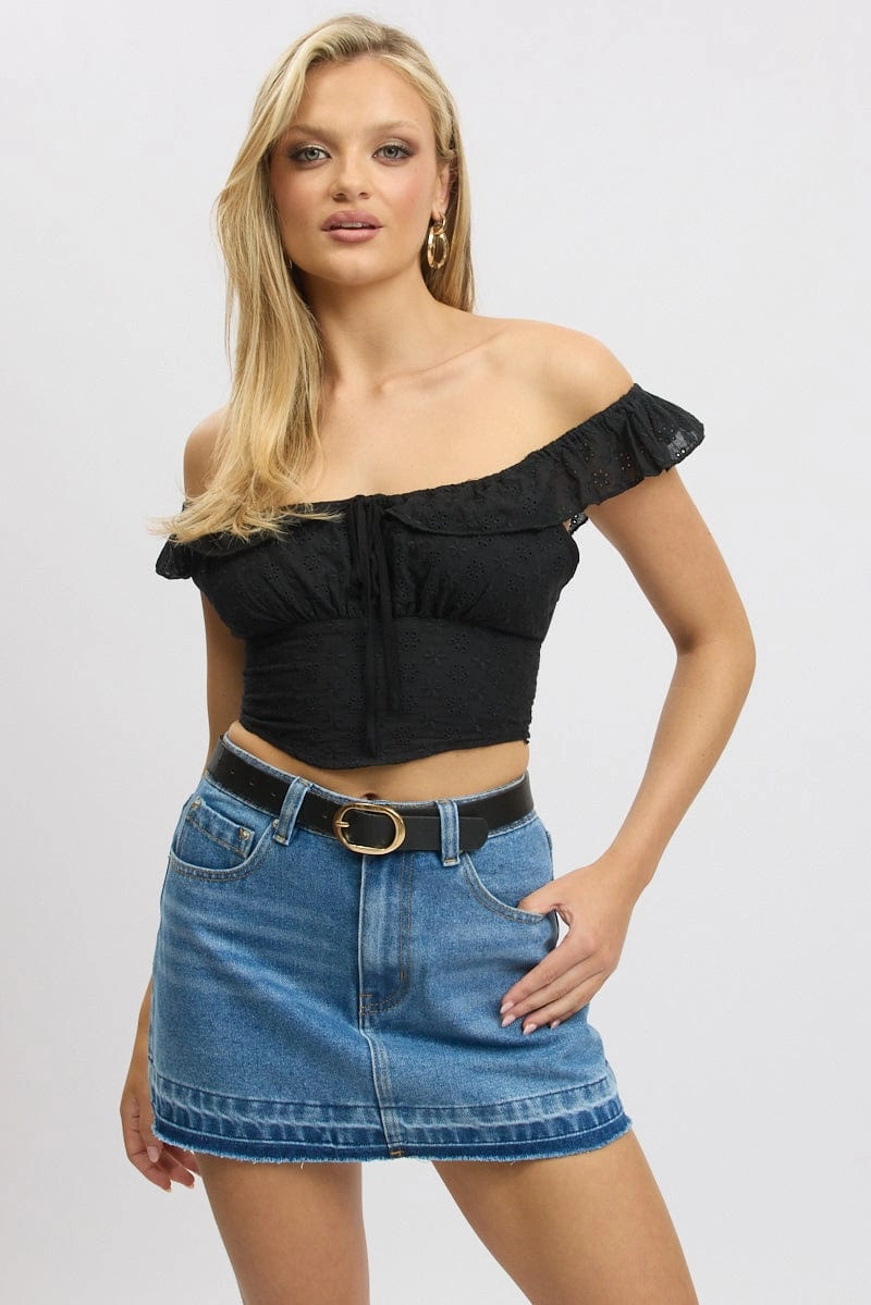 Black Crop Top Ruffle Off Shoulder Linen Blend