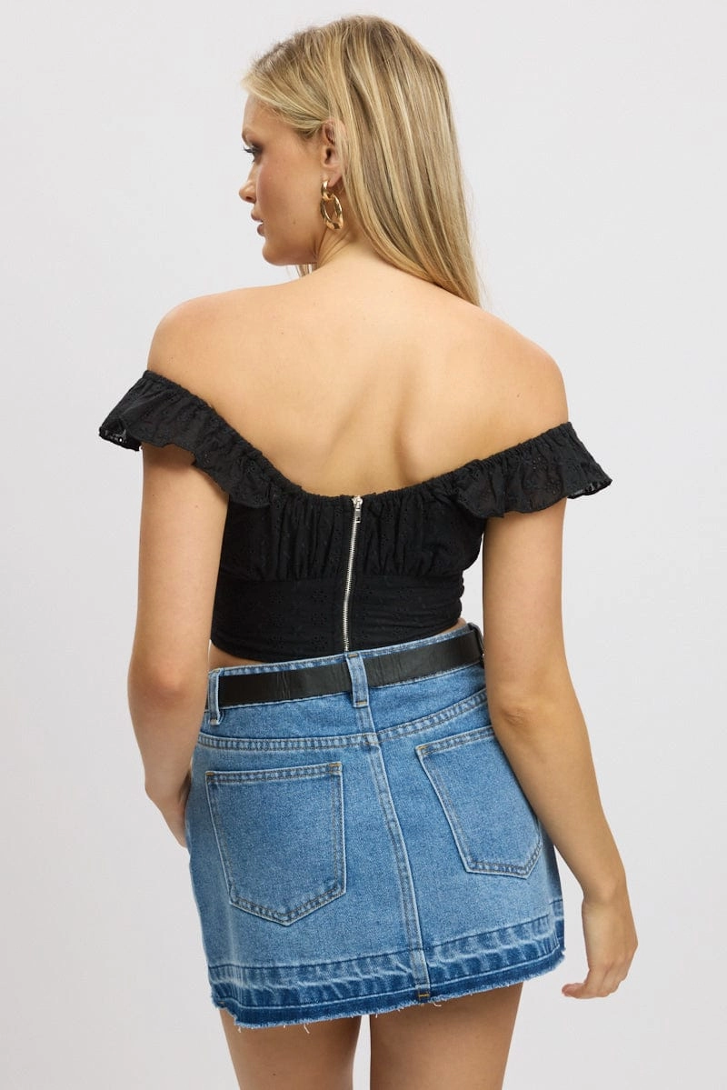Black Crop Top Ruffle Off Shoulder Linen Blend