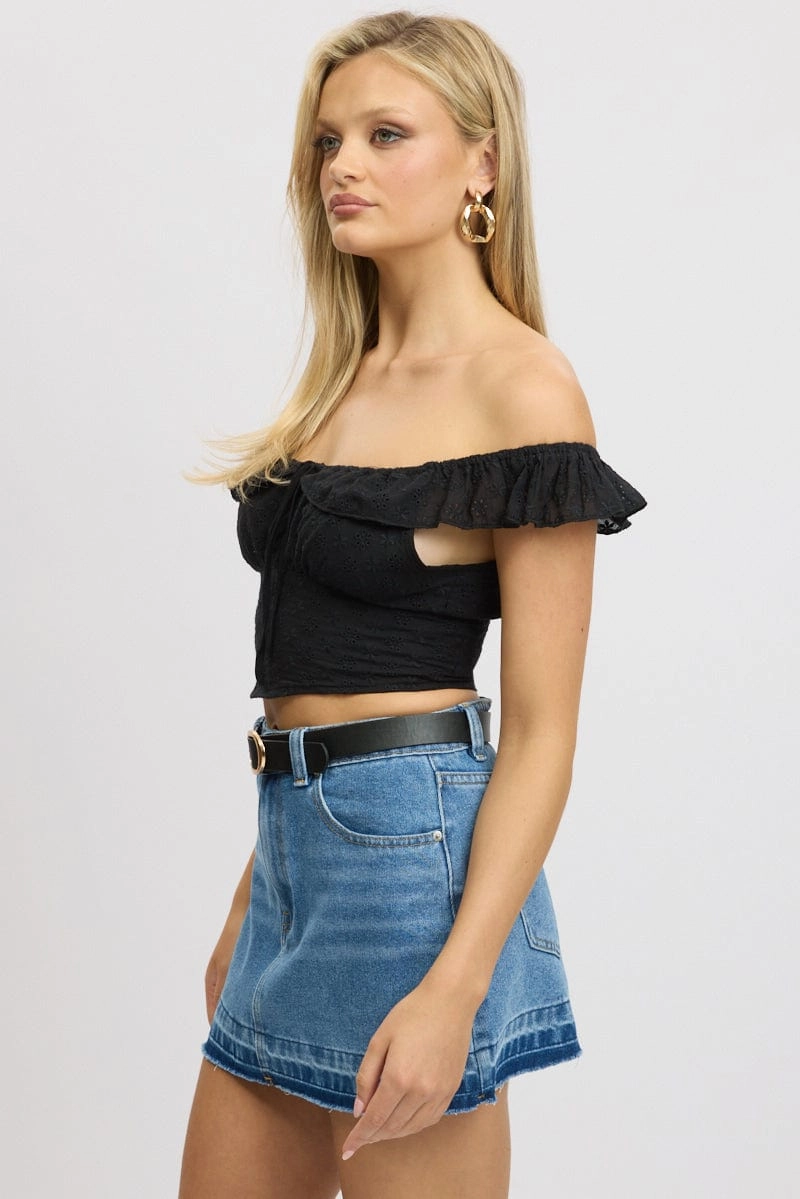Black Crop Top Ruffle Off Shoulder Linen Blend