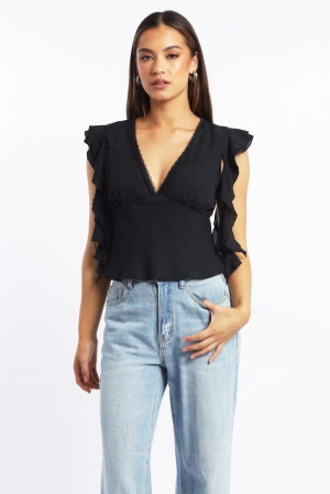 Black Frilled Top Sleeveless V-Neck Lace Trim