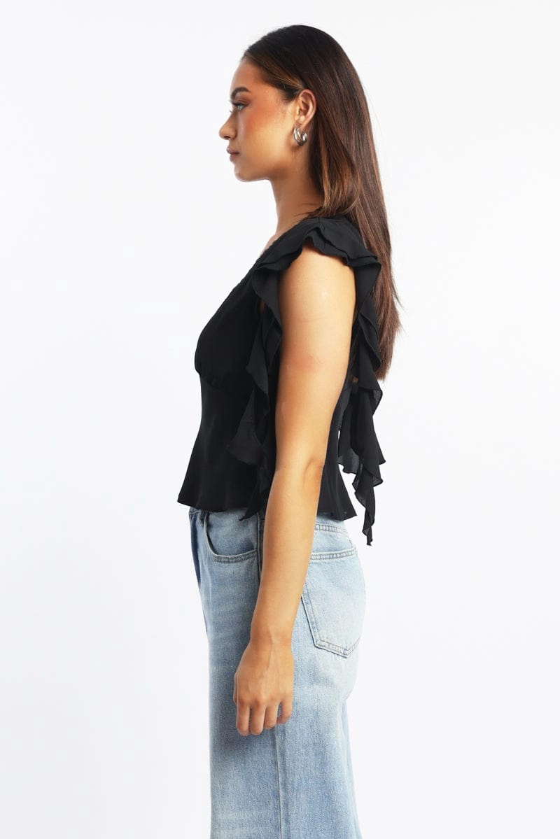 Black Frilled Top Sleeveless V-Neck Lace Trim