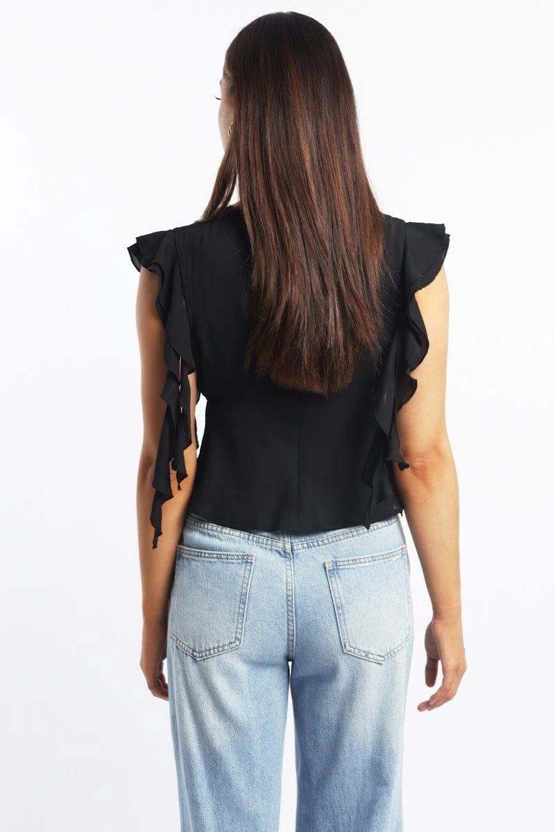 Black Frilled Top Sleeveless V-Neck Lace Trim