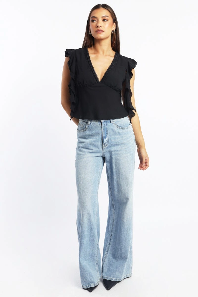 Black Frilled Top Sleeveless V-Neck Lace Trim