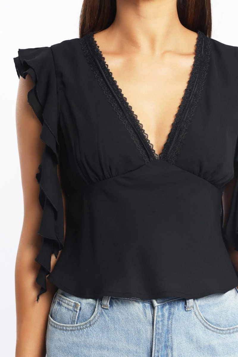 Black Frilled Top Sleeveless V-Neck Lace Trim