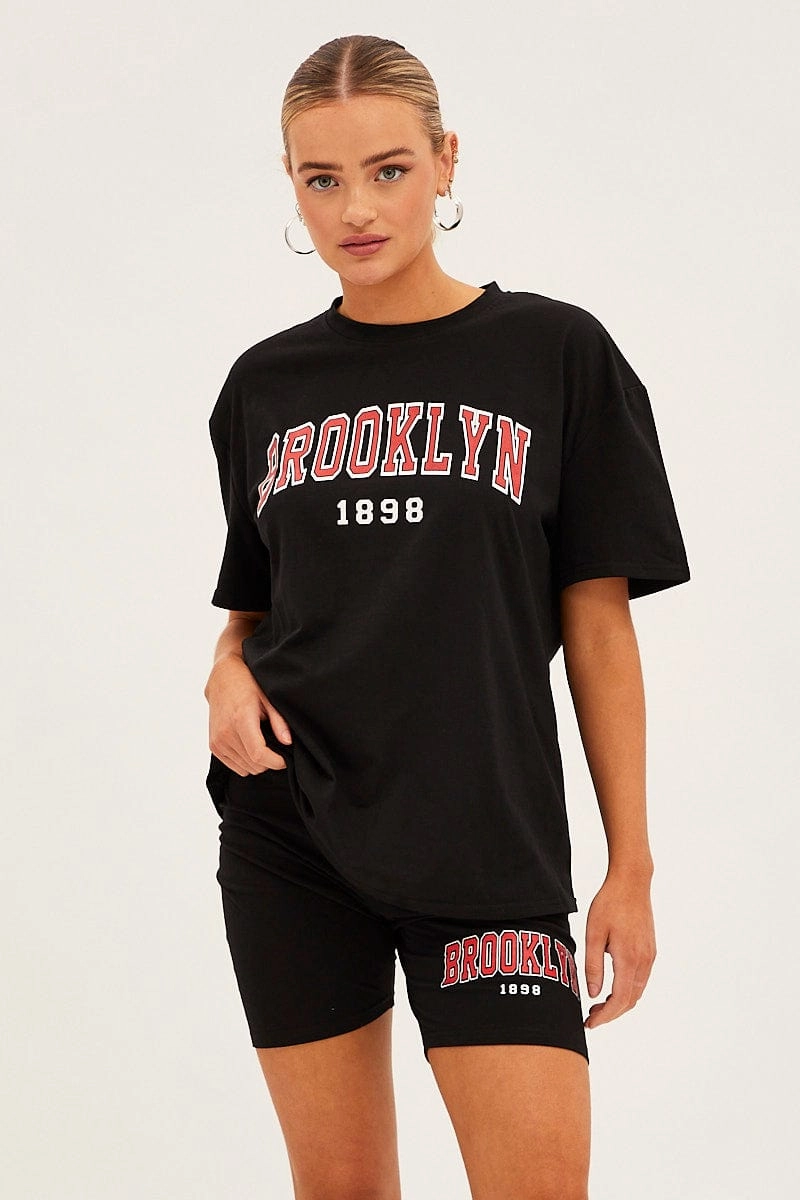 Black Graphic T And Biker Shorts Set