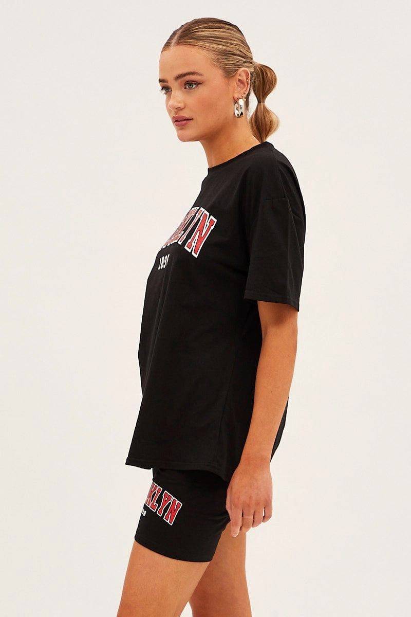Black Graphic T And Biker Shorts Set