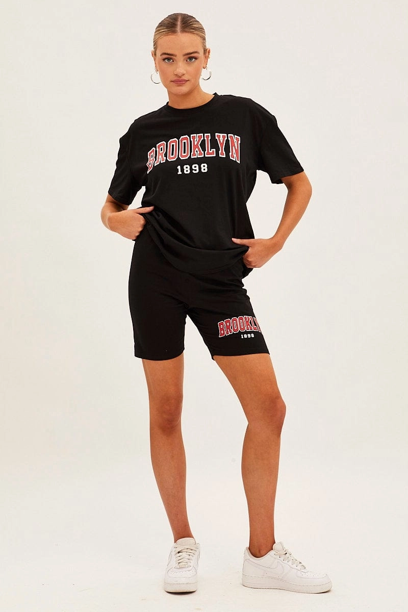 Black Graphic T And Biker Shorts Set