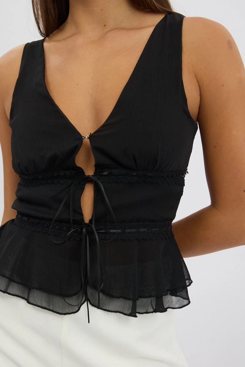 Black Tie Front Top Sleeveless Chiffon