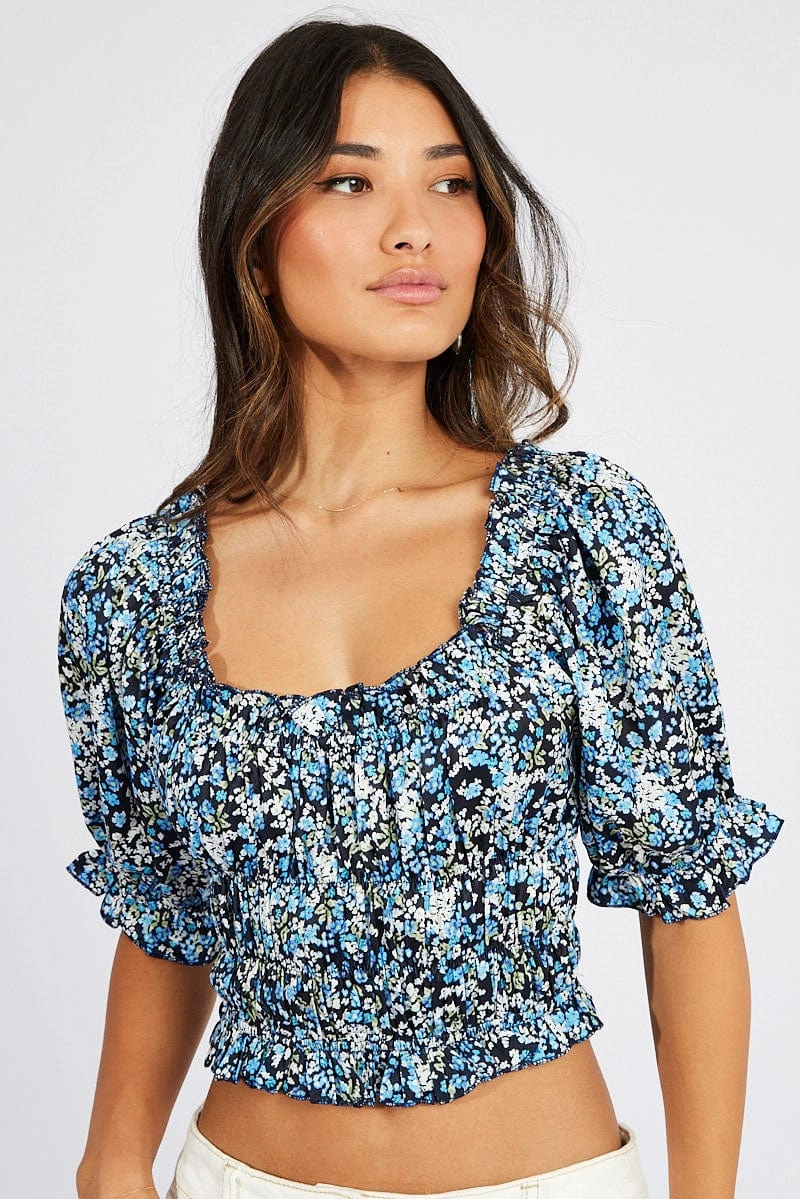 Blue Ditsy Crop Top Short Sleeve Satin