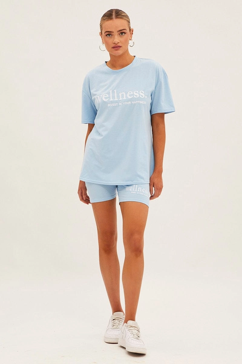 Blue Embroided T And Biker Shorts Set