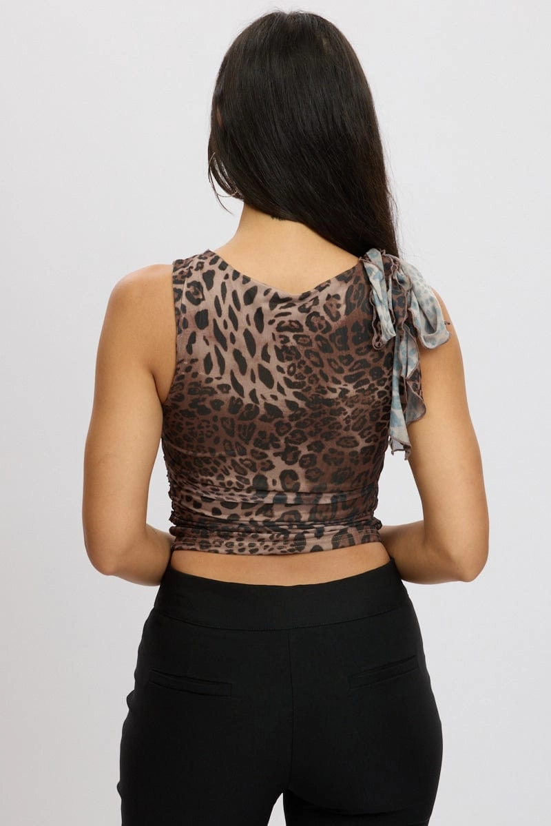 Brown Animal Print Ruffle Top Mesh