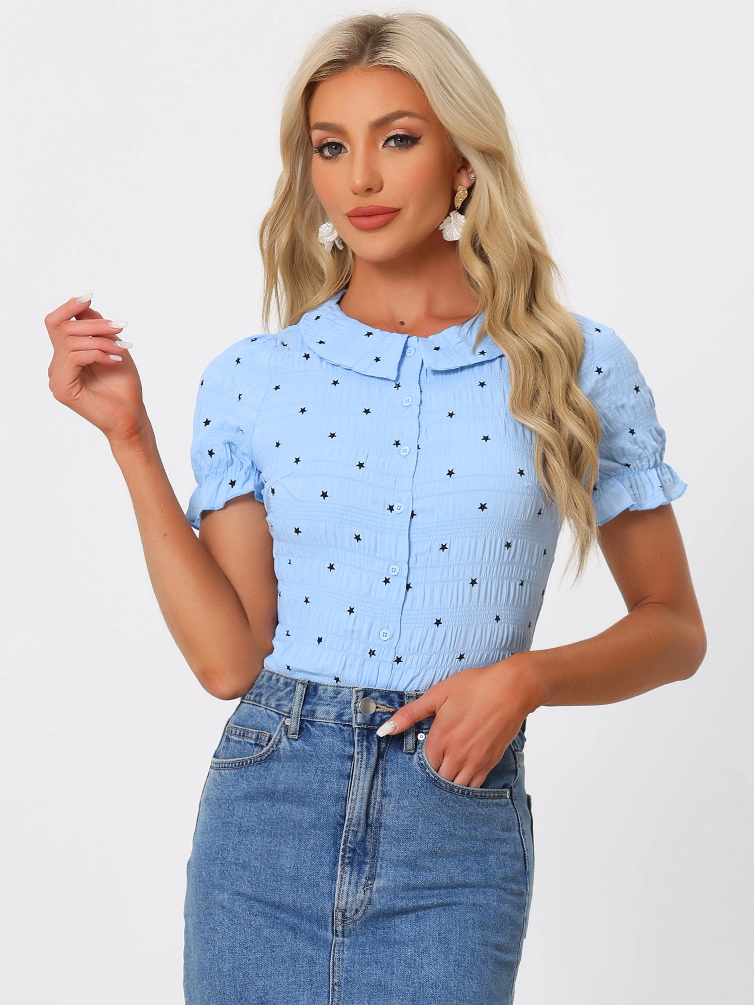 Casual Peter Pan Collar T Shirt Textured Stars Button Down Ruffle Top