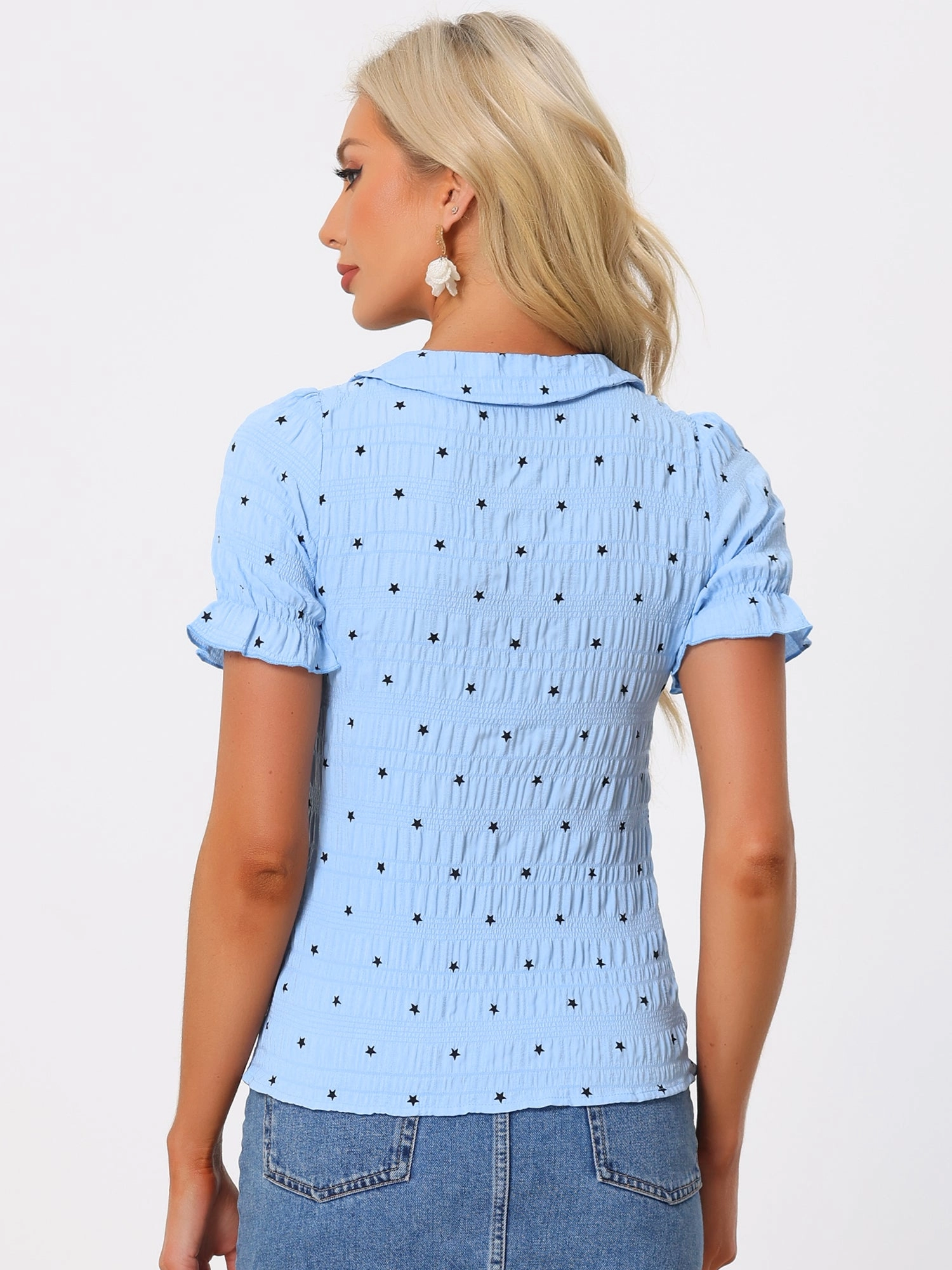 Casual Peter Pan Collar T Shirt Textured Stars Button Down Ruffle Top