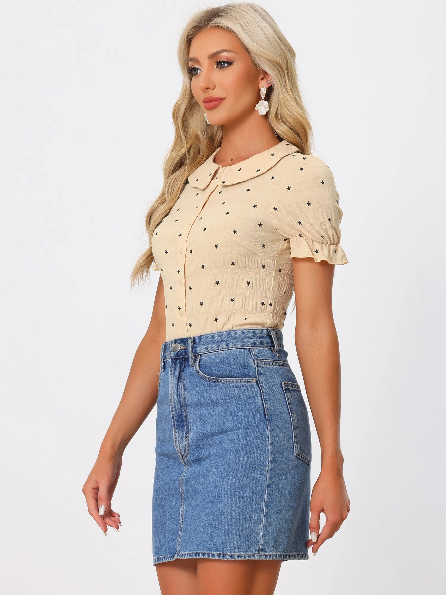 Casual Peter Pan Collar T Shirt Textured Stars Button Down Ruffle Top