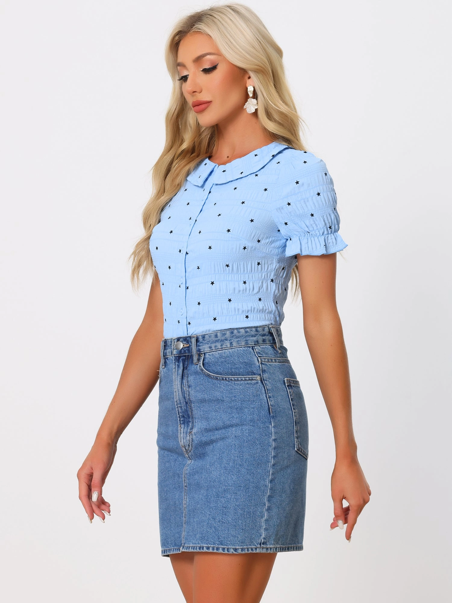 Casual Peter Pan Collar T Shirt Textured Stars Button Down Ruffle Top