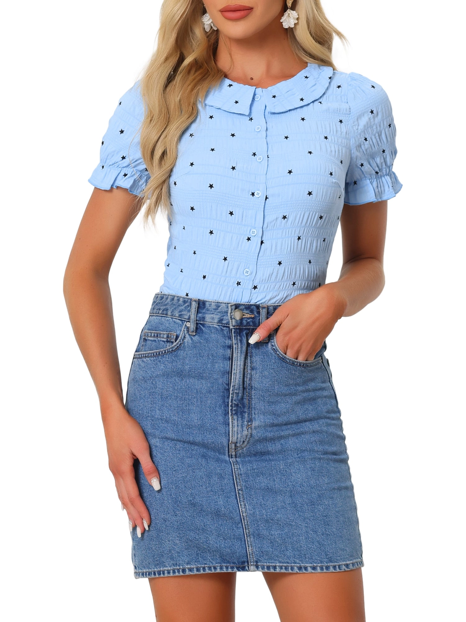 Casual Peter Pan Collar T Shirt Textured Stars Button Down Ruffle Top