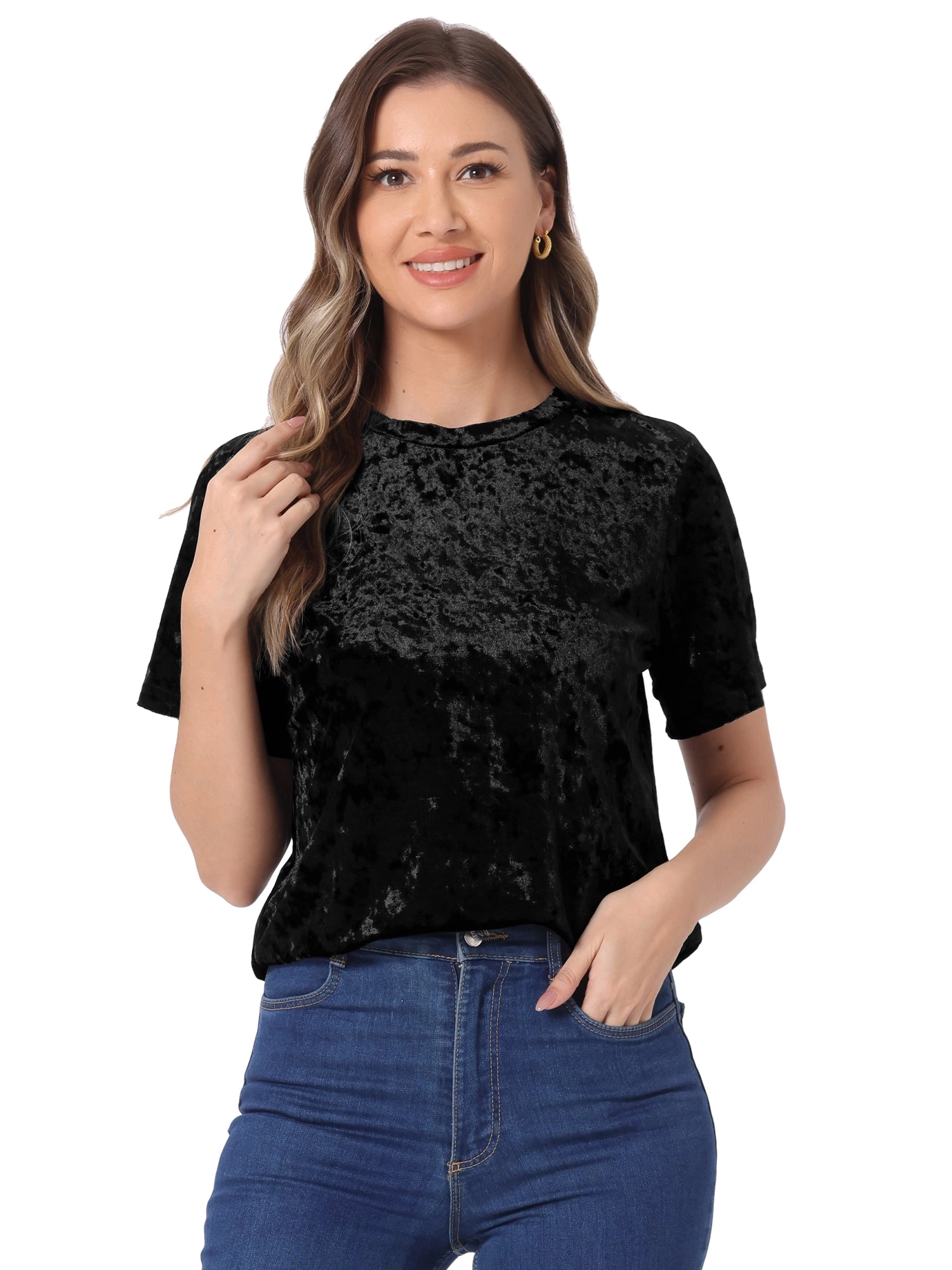Casual Velvet Top Solid Round Neck Short Sleeve T-Shirt