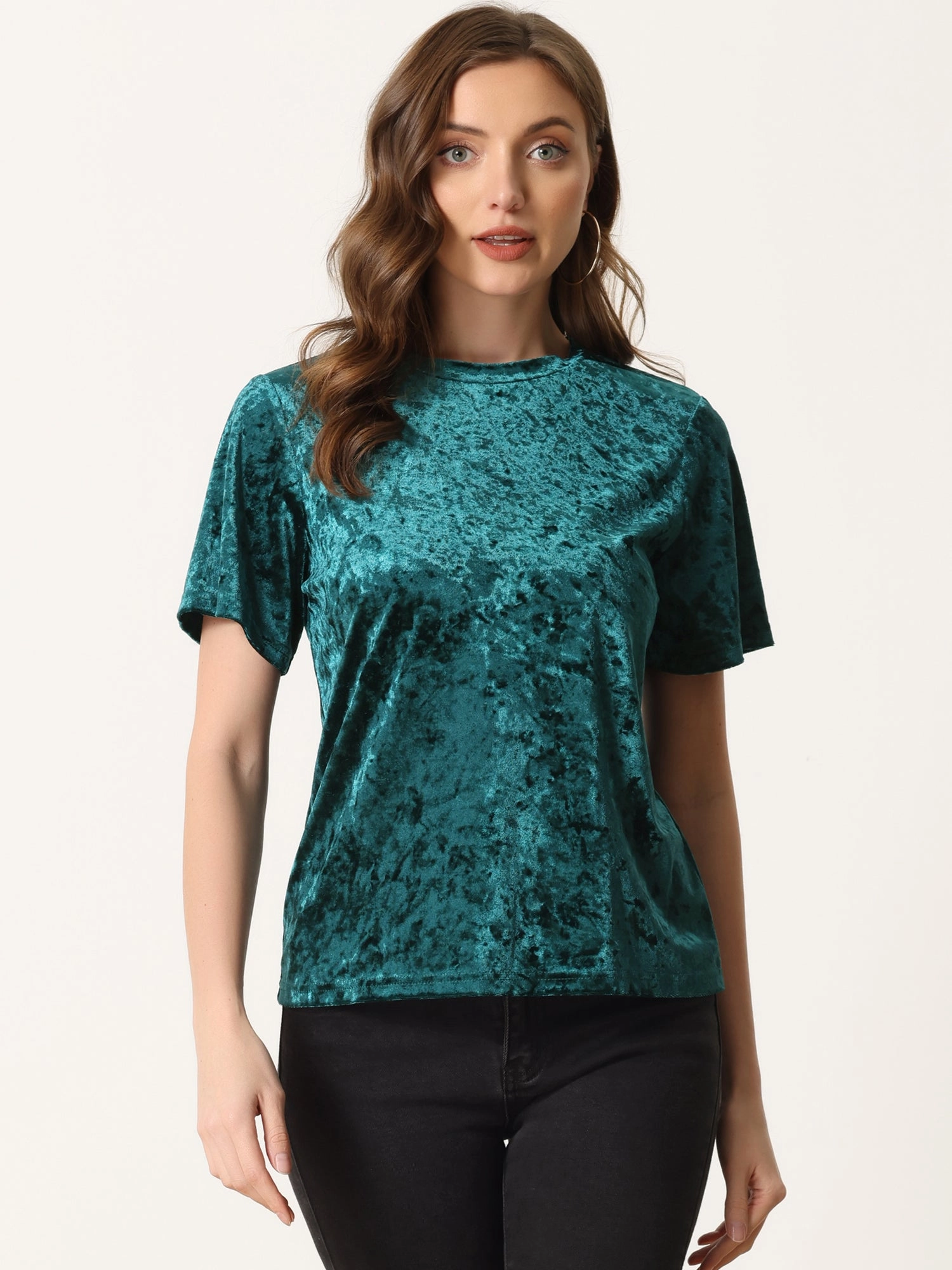 Casual Velvet Top Solid Round Neck Short Sleeve T-Shirt