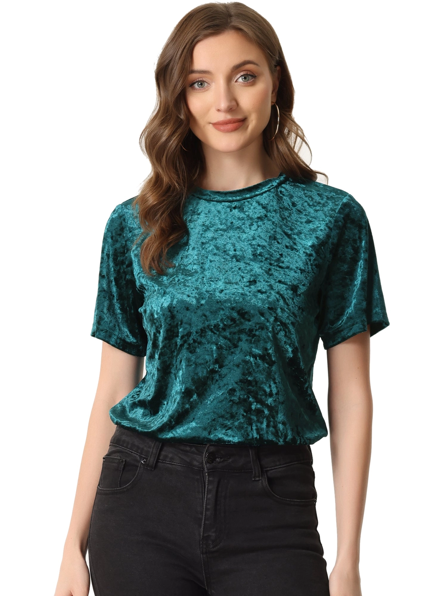 Casual Velvet Top Solid Round Neck Short Sleeve T-Shirt