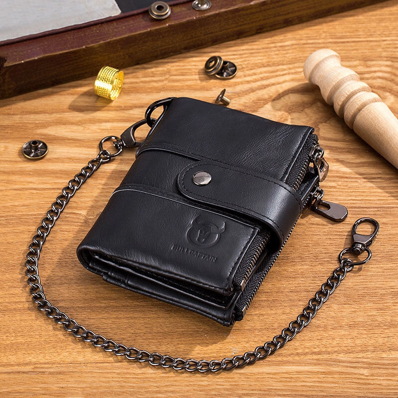 Chain Wallets For Men Leather Vintage RFID Blocking Foldable Anti-Theft Coins Wallets