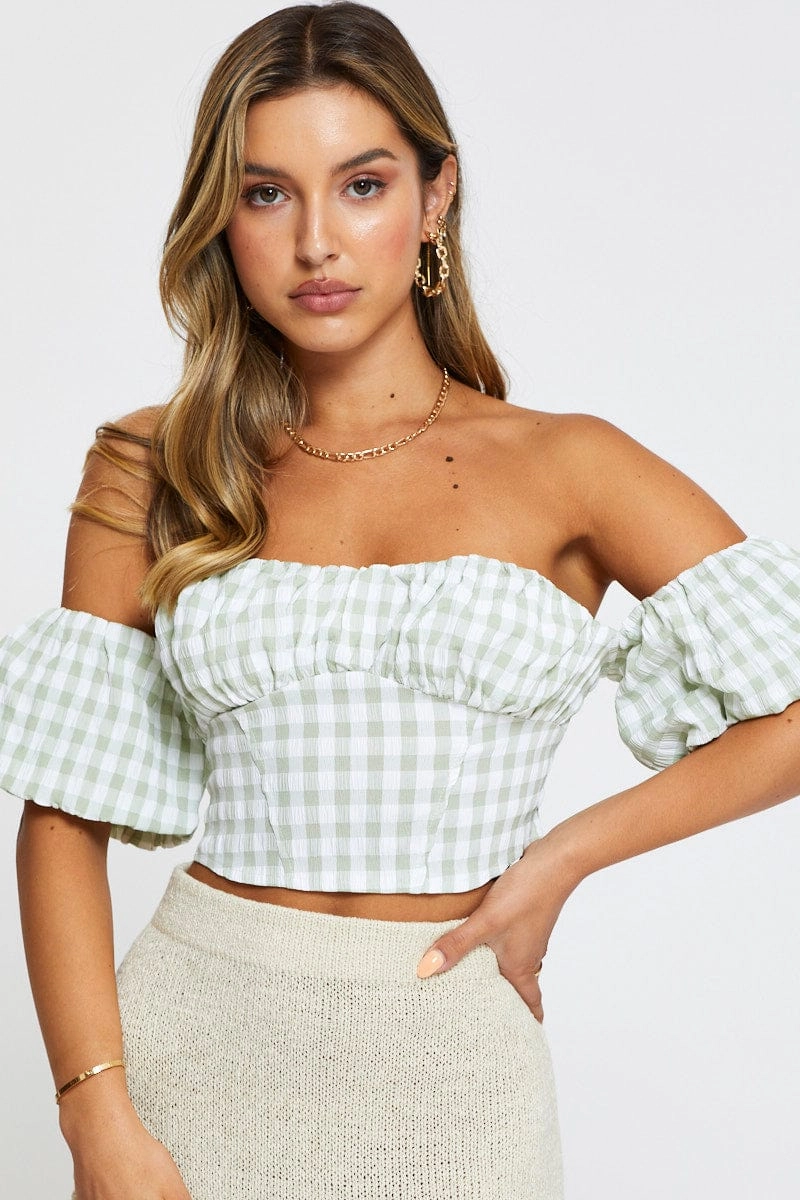 Check Crop Top Off Shoulder Short Sleeve