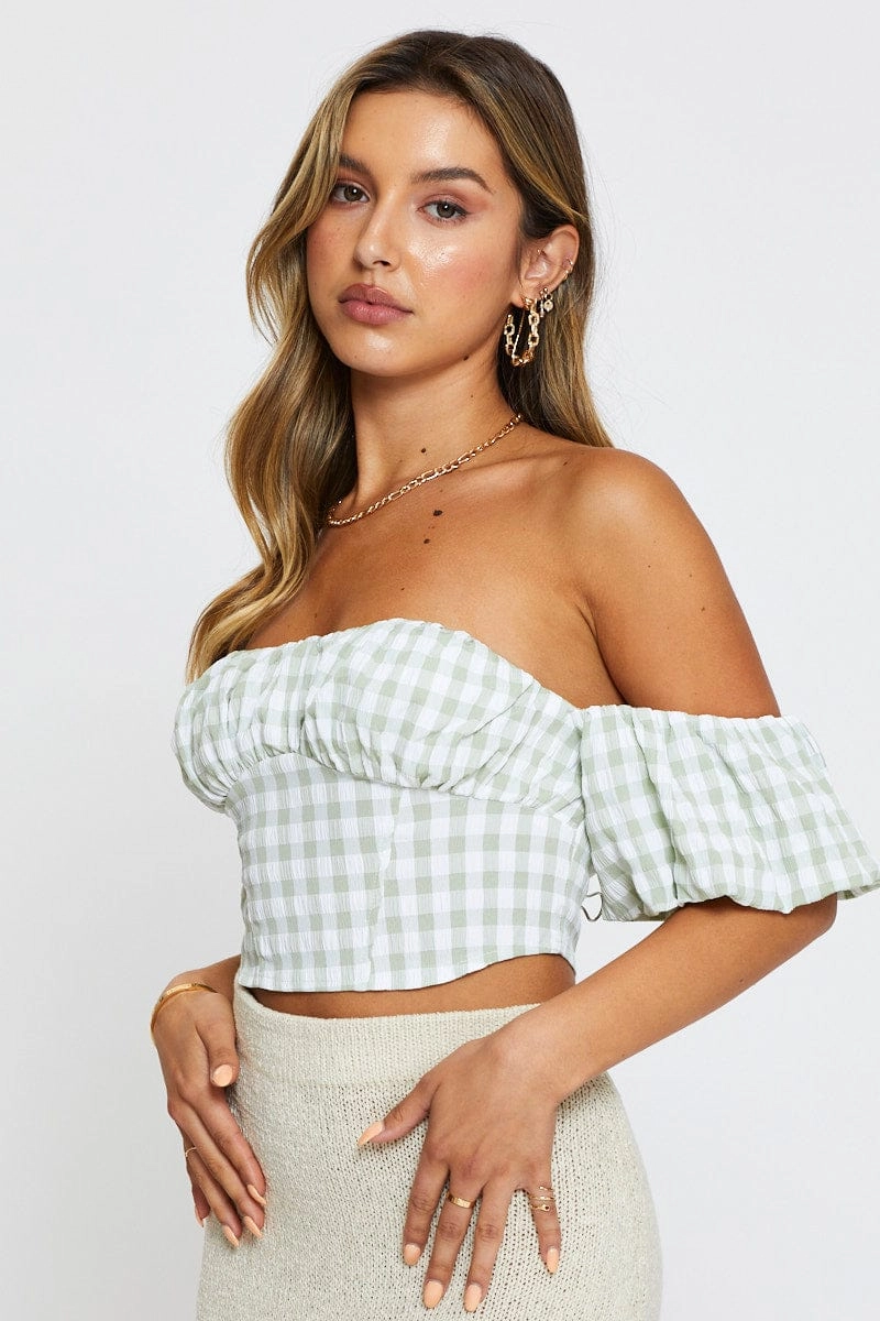 Check Crop Top Off Shoulder Short Sleeve