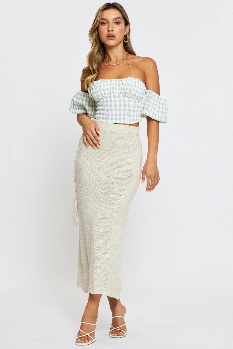 Check Crop Top Off Shoulder Short Sleeve