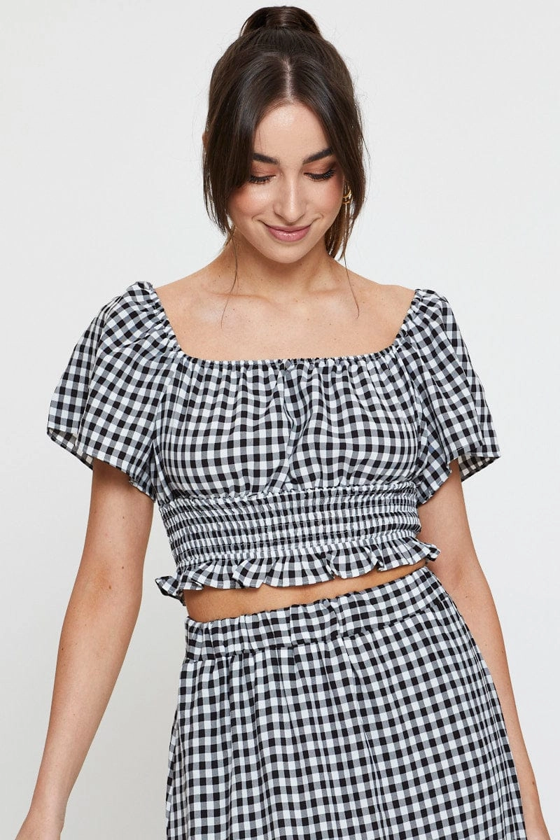 Check Crop Top Off Shoulder