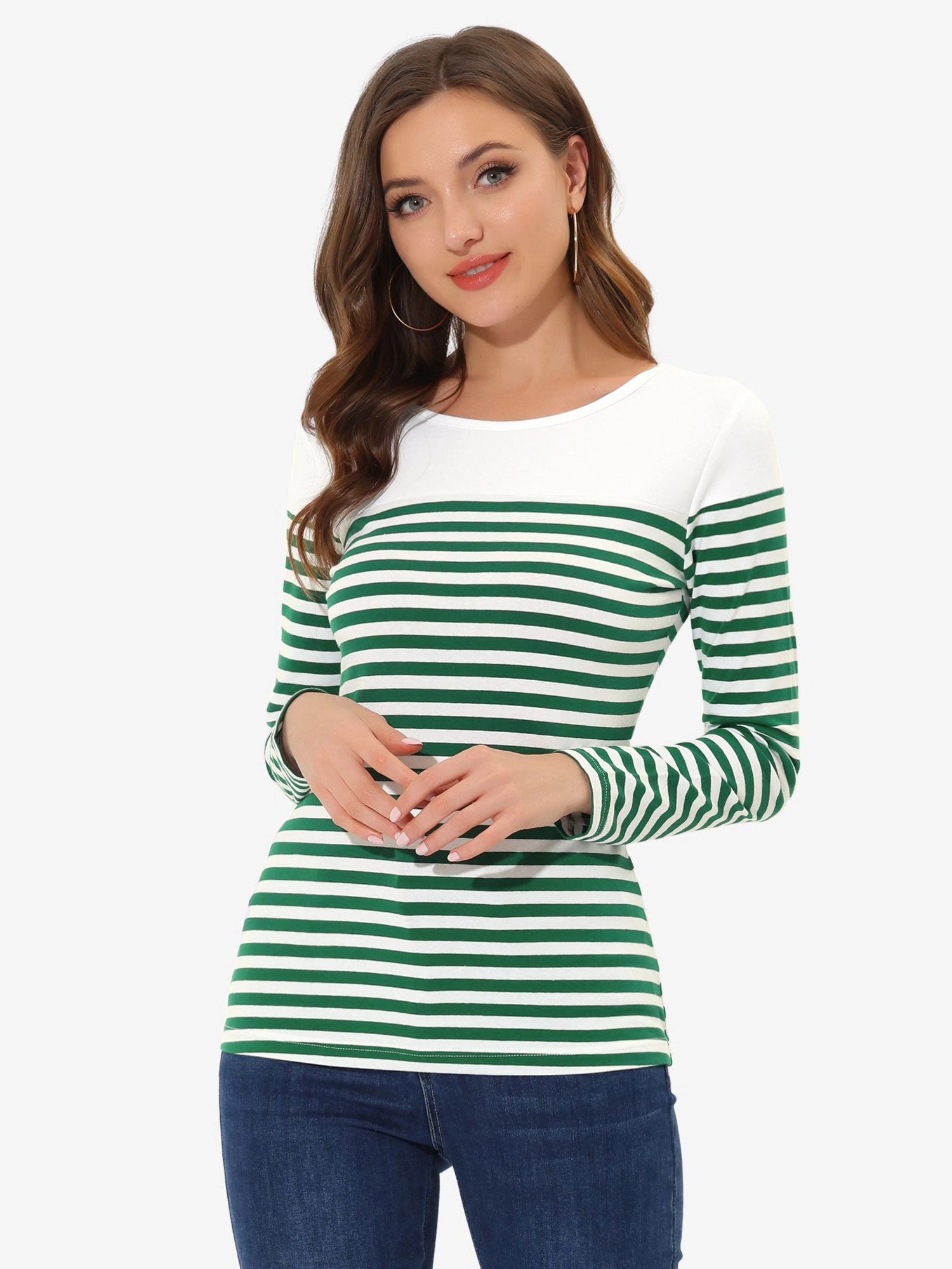 Color Block Long Sleeve Round Neck Striped T-Shirt
