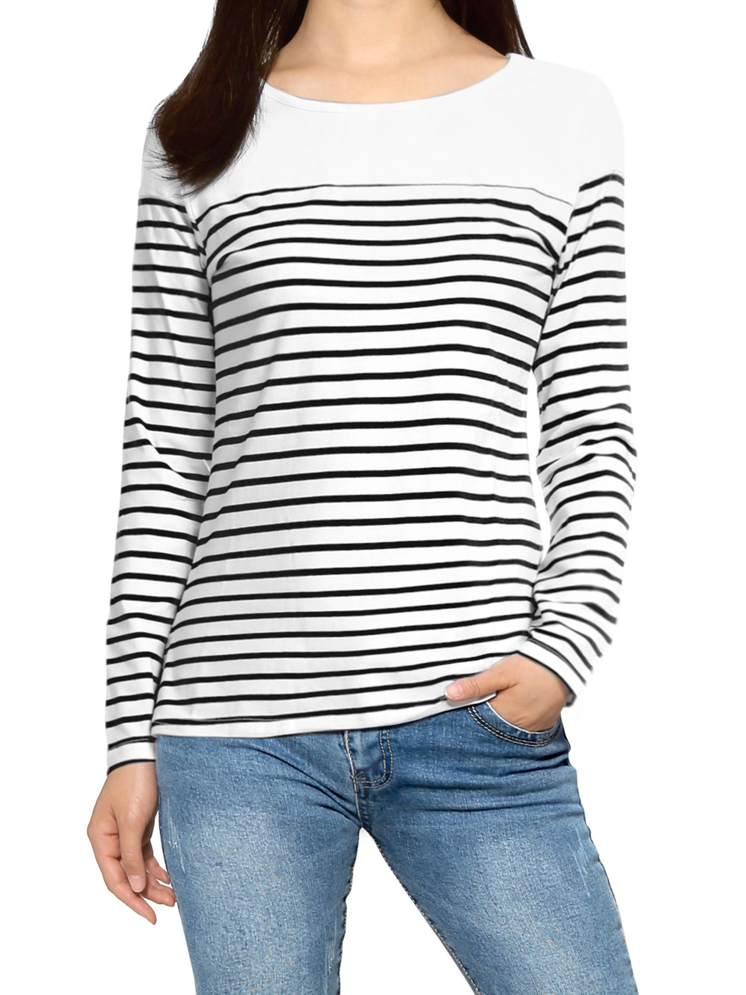 Color Block Long Sleeve Round Neck Striped T-Shirt