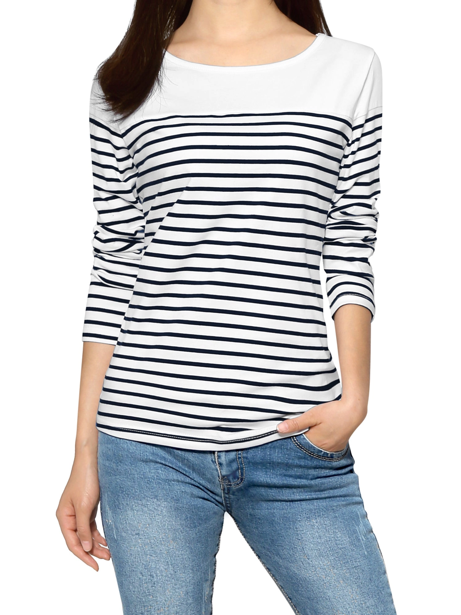 Color Block Long Sleeve Round Neck Striped T-Shirt