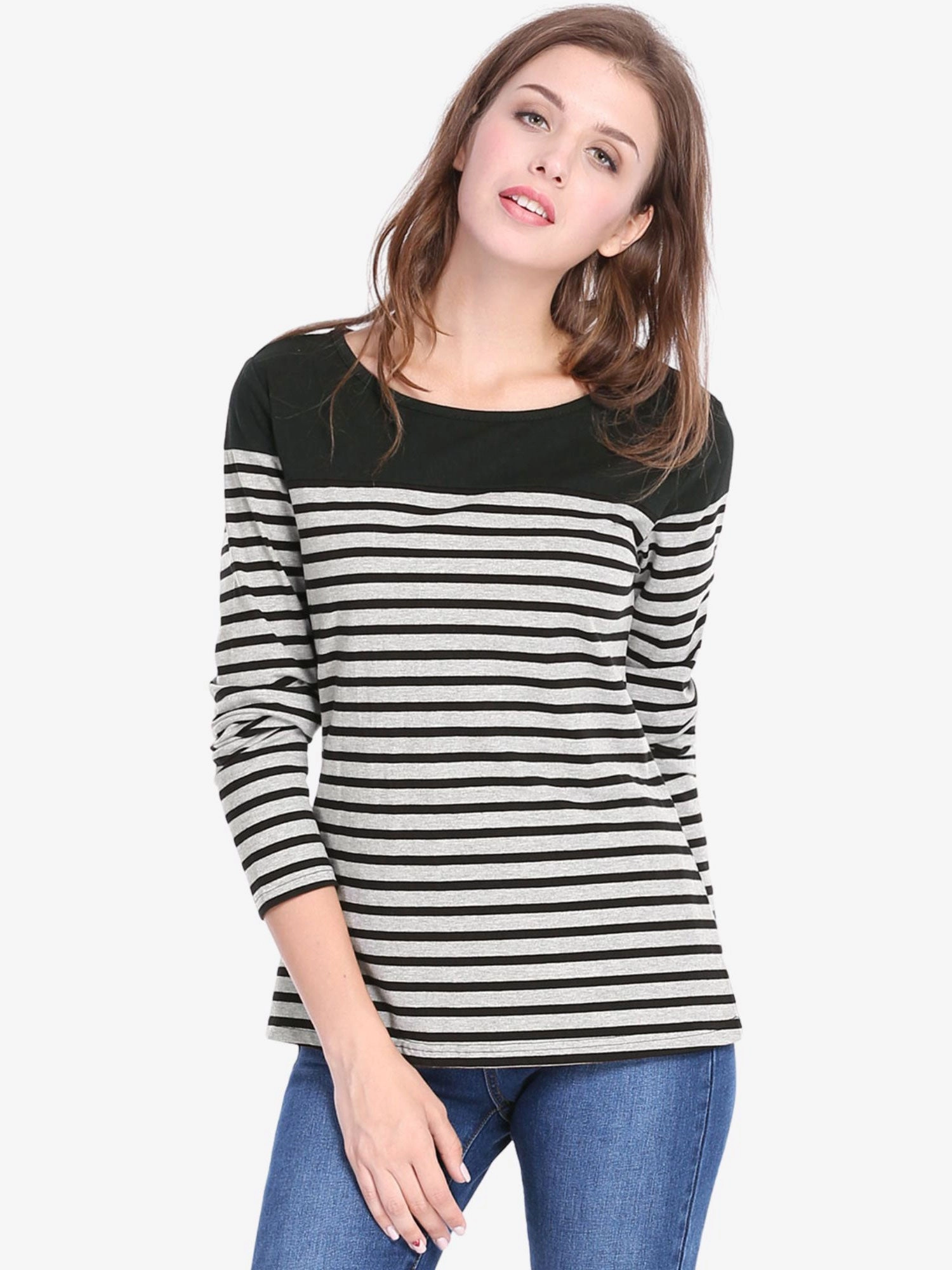 Color Block Long Sleeve Round Neck Striped T-Shirt