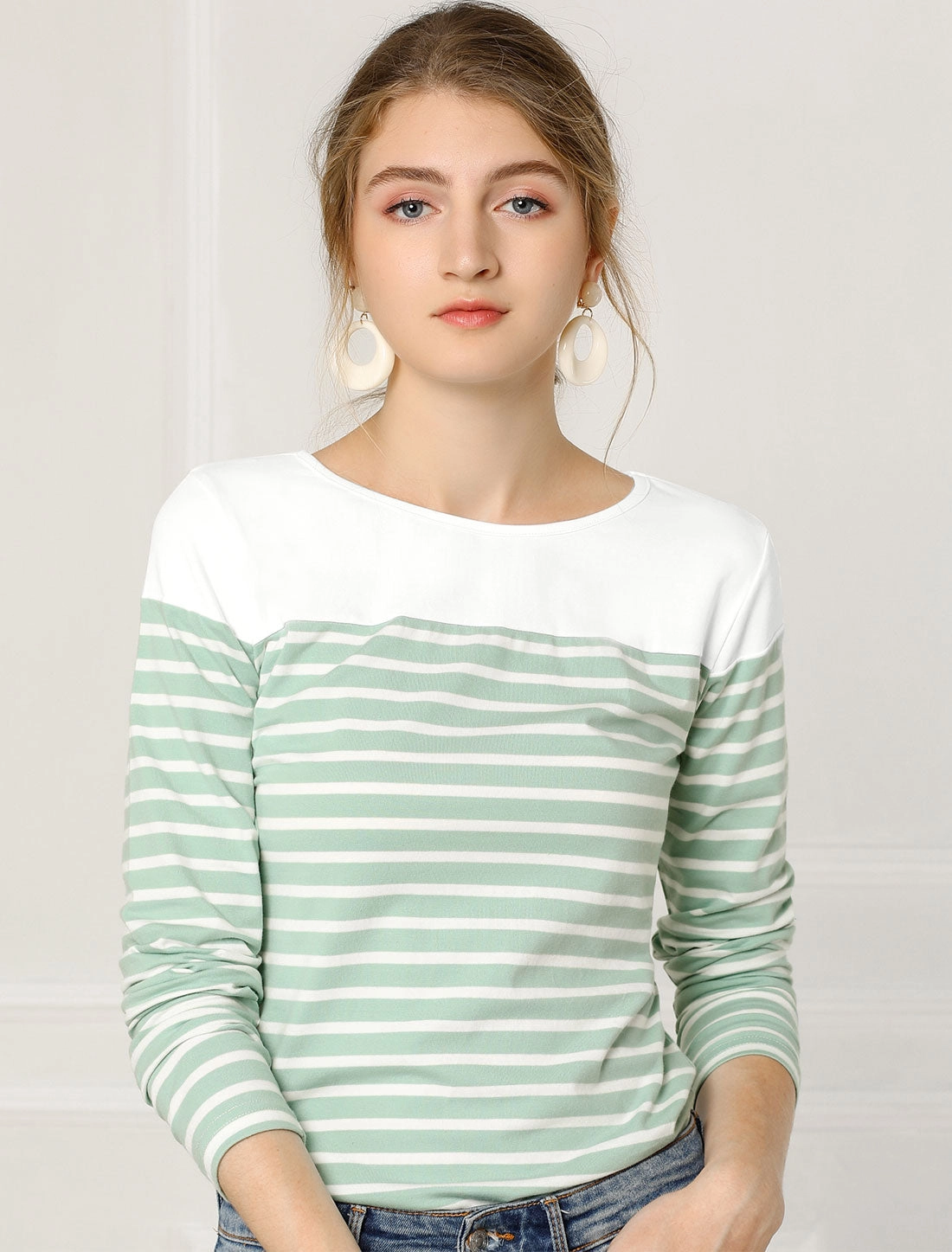 Color Block Long Sleeve Round Neck Striped T-Shirt