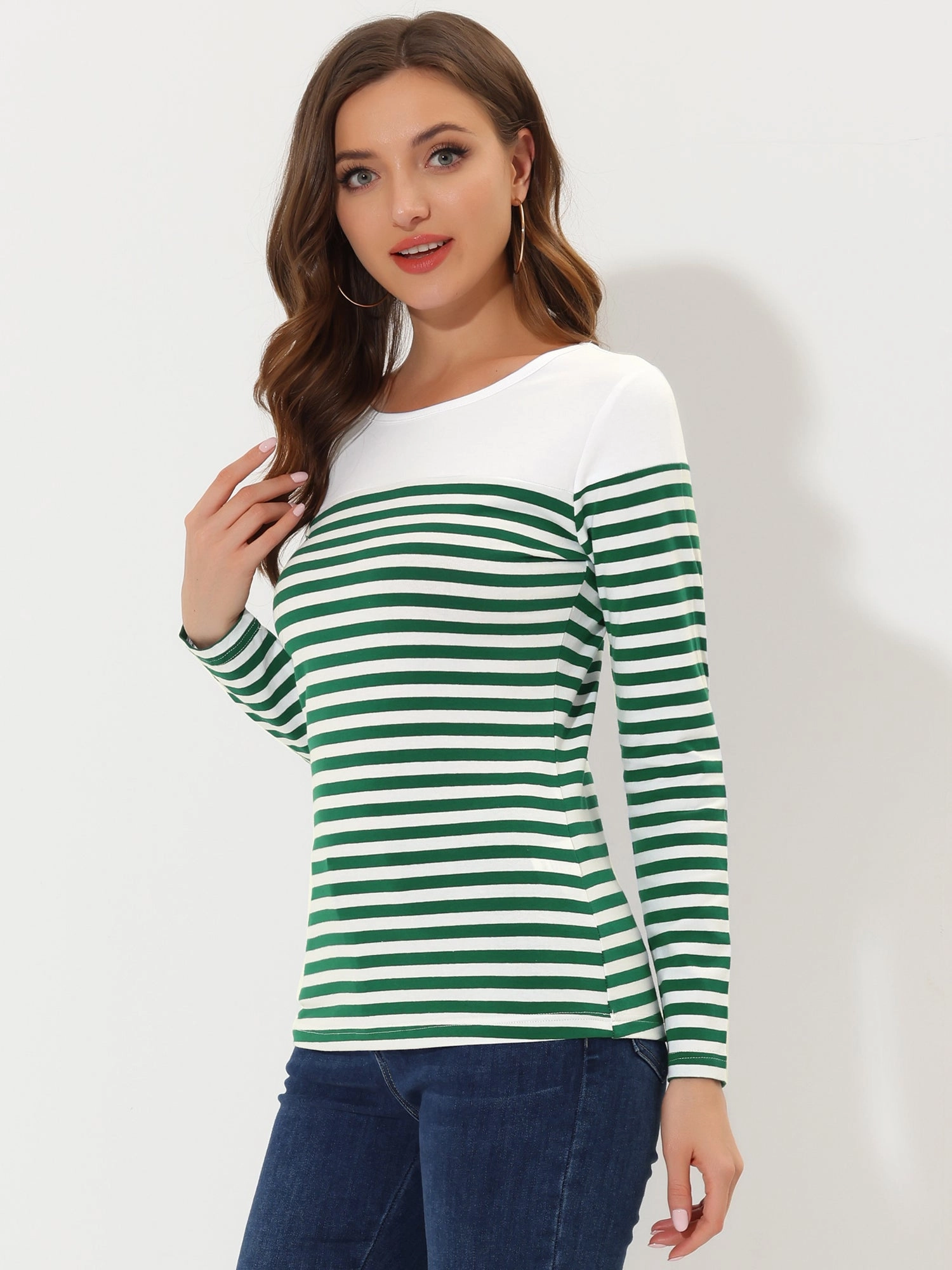 Color Block Long Sleeve Round Neck Striped T-Shirt