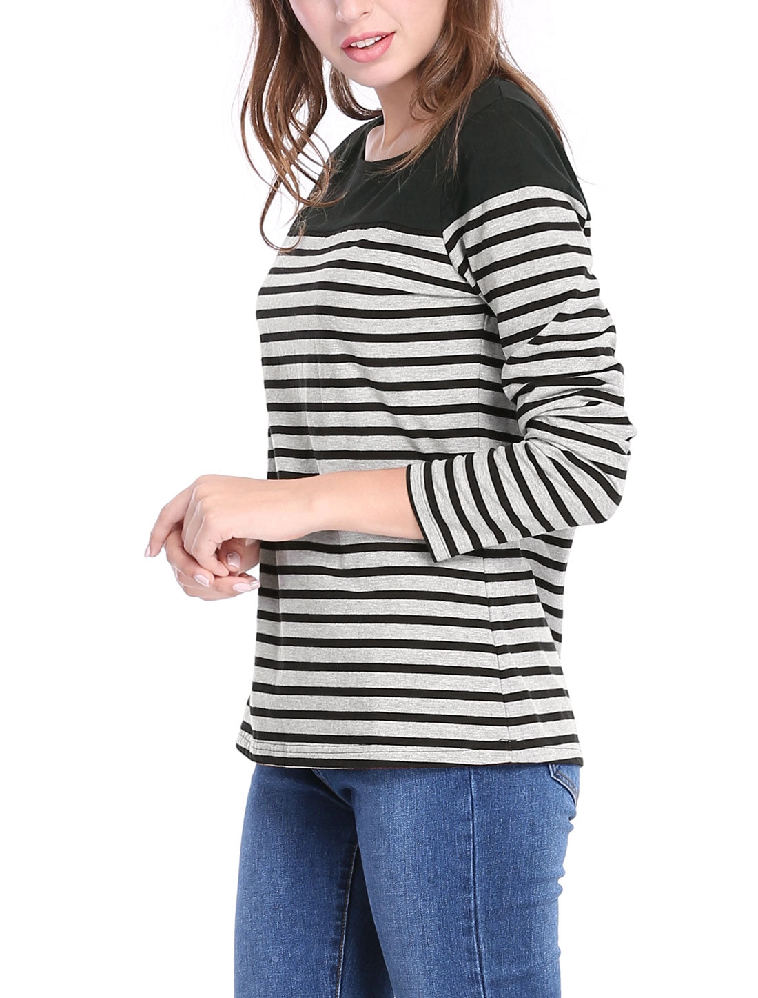 Color Block Long Sleeve Round Neck Striped T-Shirt