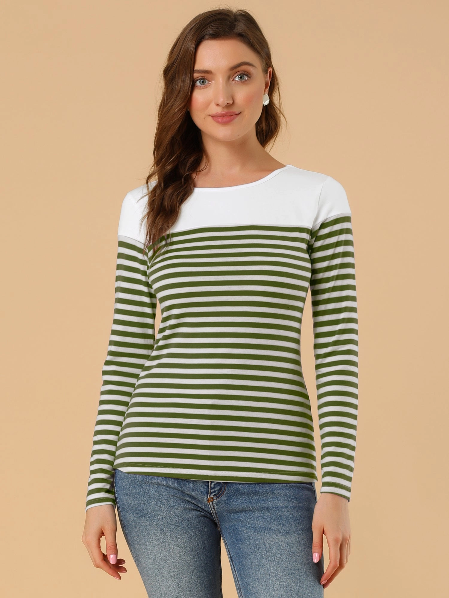 Color Block Long Sleeve Round Neck Striped T-Shirt